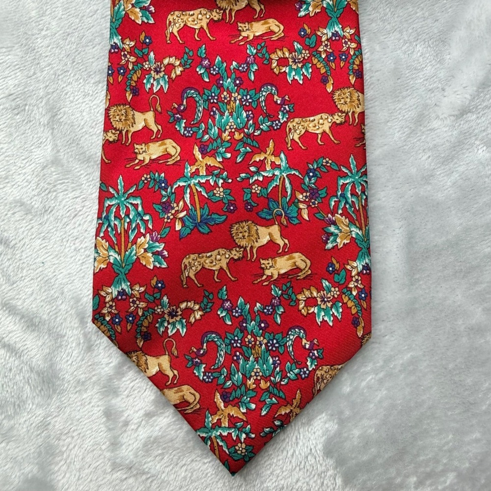 Beaufort Tie Rack Mens Silk Tie Red Safari Lion Cheetah Animal Print Italy